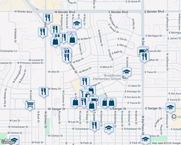 map of restaurants, bars, coffee shops, grocery stores, and more near 206 West Llano Drive in Hobbs