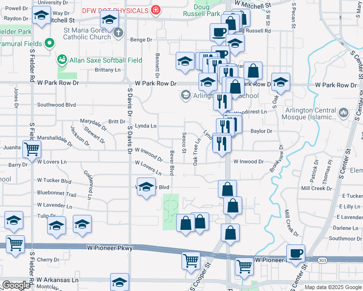 map of restaurants, bars, coffee shops, grocery stores, and more near 1804 Sesco Street in Arlington