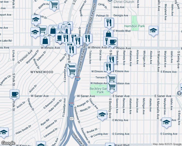 map of restaurants, bars, coffee shops, grocery stores, and more near 238 West Elmore Avenue in Dallas