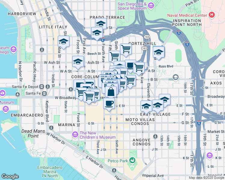 map of restaurants, bars, coffee shops, grocery stores, and more near 427 C Street in San Diego