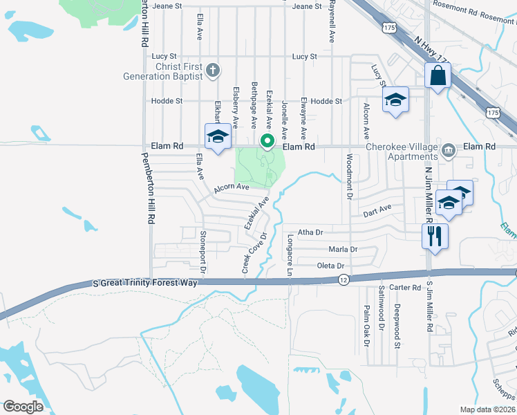 map of restaurants, bars, coffee shops, grocery stores, and more near 305 Creek Cove Drive in Dallas