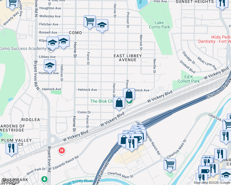map of restaurants, bars, coffee shops, grocery stores, and more near 5337 Helmick Avenue in Fort Worth