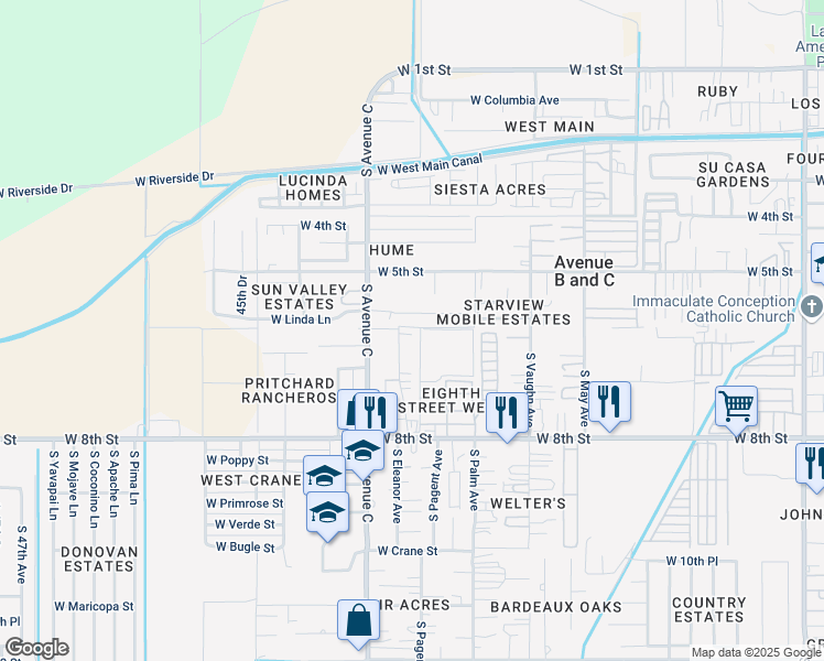map of restaurants, bars, coffee shops, grocery stores, and more near 605 South El Prado Road in Yuma