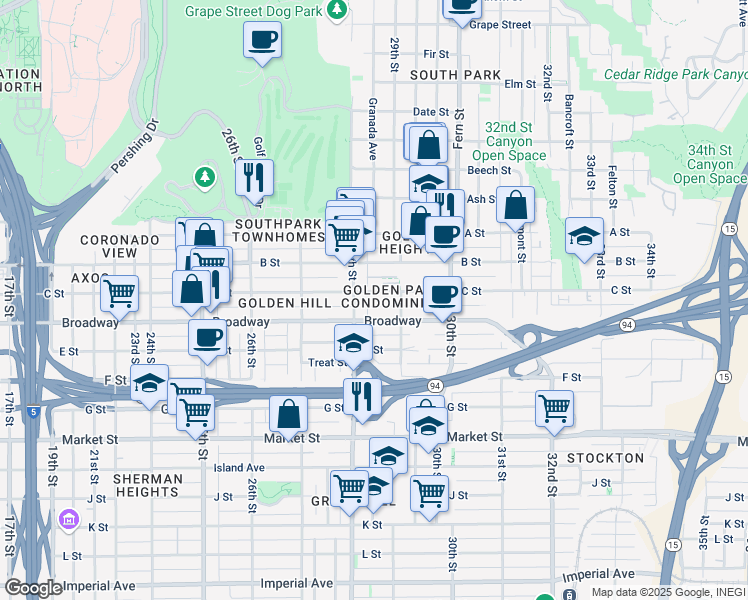 map of restaurants, bars, coffee shops, grocery stores, and more near in San Diego