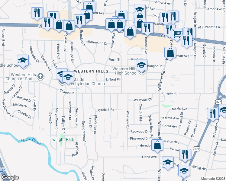 map of restaurants, bars, coffee shops, grocery stores, and more near 8266 Chapin Road in Fort Worth