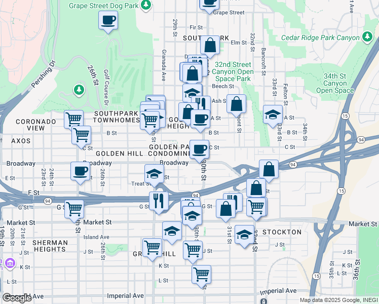 map of restaurants, bars, coffee shops, grocery stores, and more near 2957 C Street in San Diego