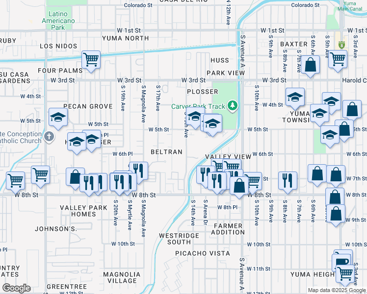 map of restaurants, bars, coffee shops, grocery stores, and more near 601 South 16th Avenue in Yuma