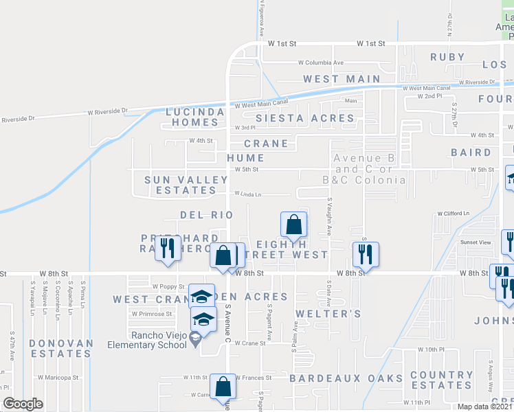 map of restaurants, bars, coffee shops, grocery stores, and more near 621 South El Prado Road in Yuma