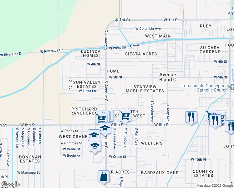 map of restaurants, bars, coffee shops, grocery stores, and more near 621 South El Prado Road in Yuma