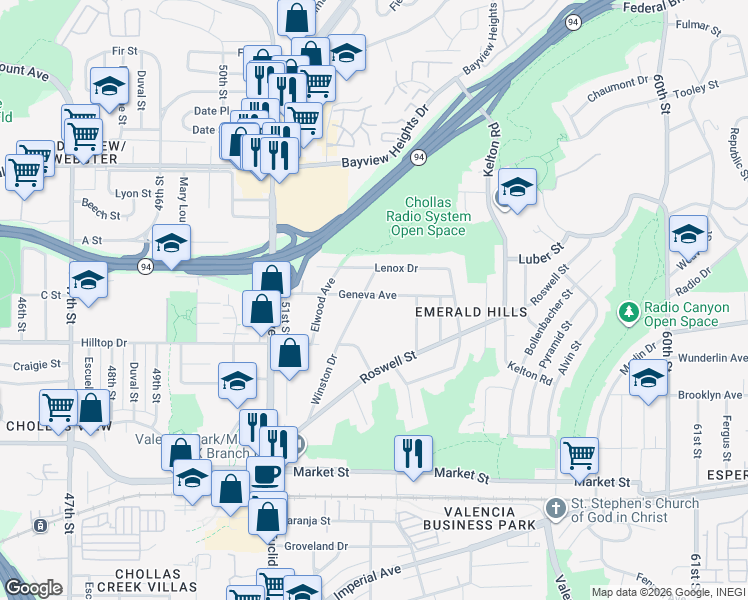 map of restaurants, bars, coffee shops, grocery stores, and more near 5303 Geneva Avenue in San Diego