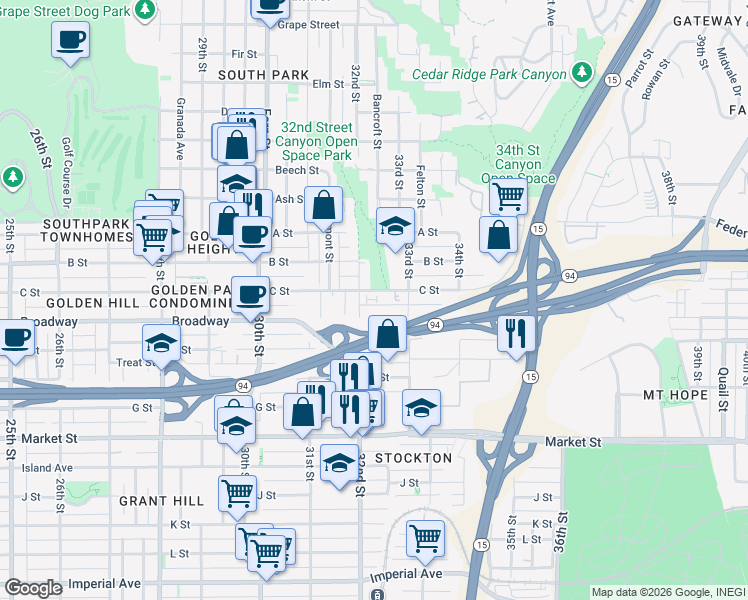 map of restaurants, bars, coffee shops, grocery stores, and more near 3201 C Street in San Diego