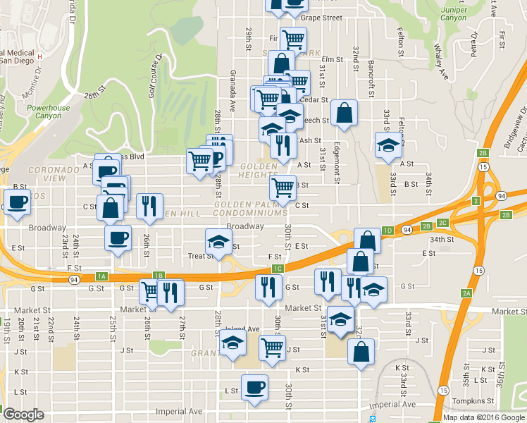 map of restaurants, bars, coffee shops, grocery stores, and more near 2957 C Street in San Diego
