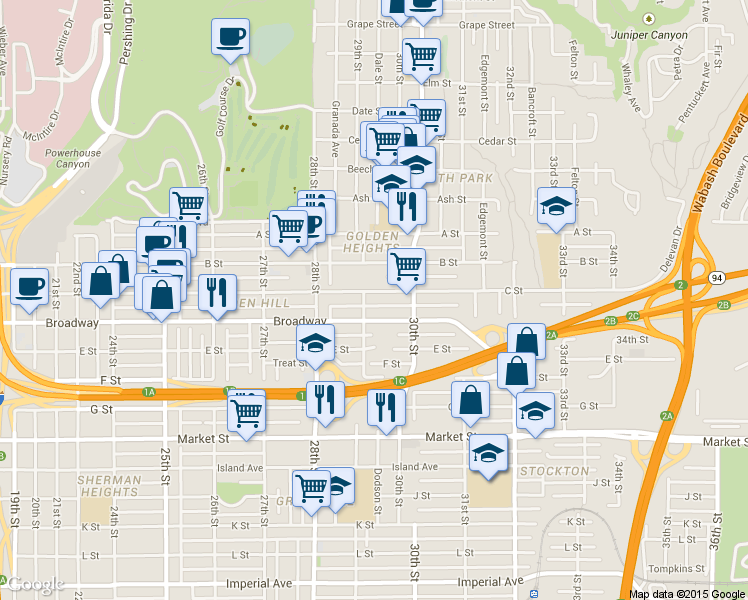 map of restaurants, bars, coffee shops, grocery stores, and more near in San Diego