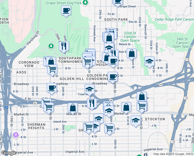 map of restaurants, bars, coffee shops, grocery stores, and more near in San Diego