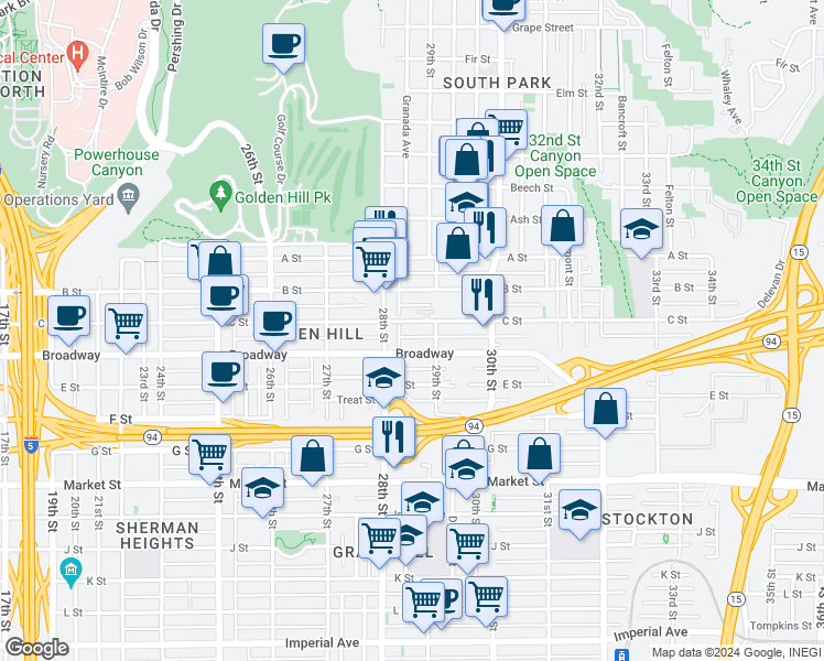 map of restaurants, bars, coffee shops, grocery stores, and more near in San Diego