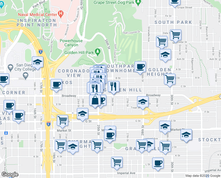map of restaurants, bars, coffee shops, grocery stores, and more near 1035 26th Street in San Diego