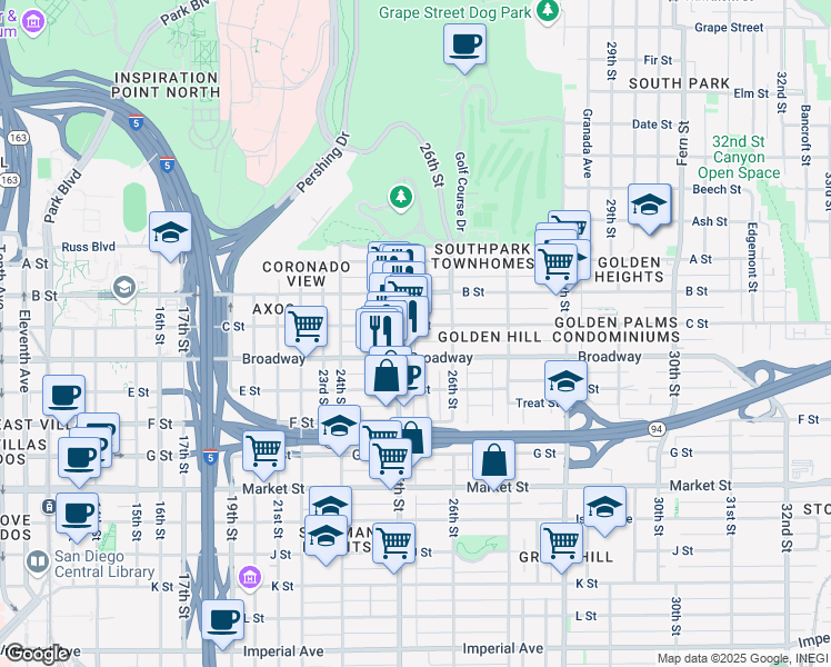 map of restaurants, bars, coffee shops, grocery stores, and more near 2531 C Street in San Diego