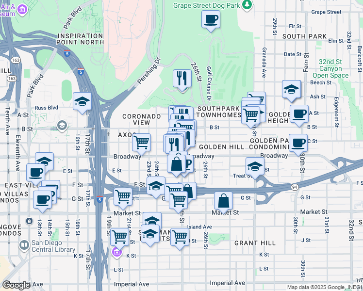map of restaurants, bars, coffee shops, grocery stores, and more near in San Diego