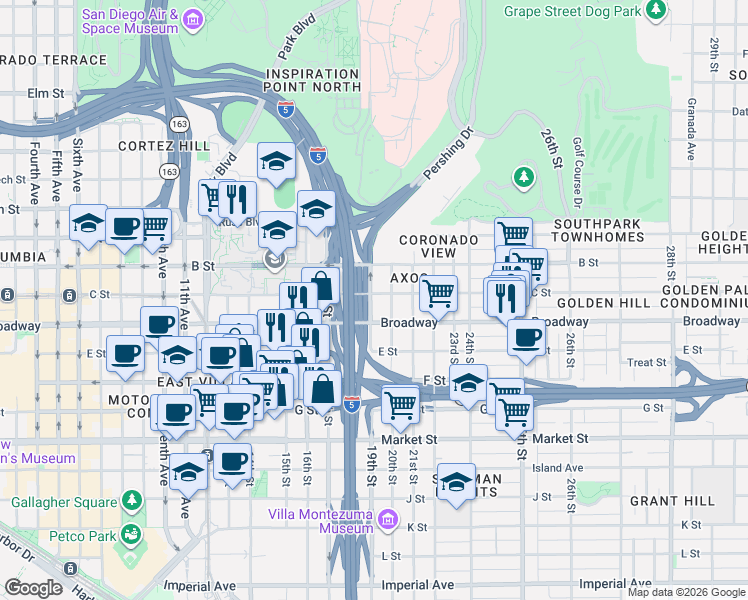 map of restaurants, bars, coffee shops, grocery stores, and more near 1055 19th Street in San Diego