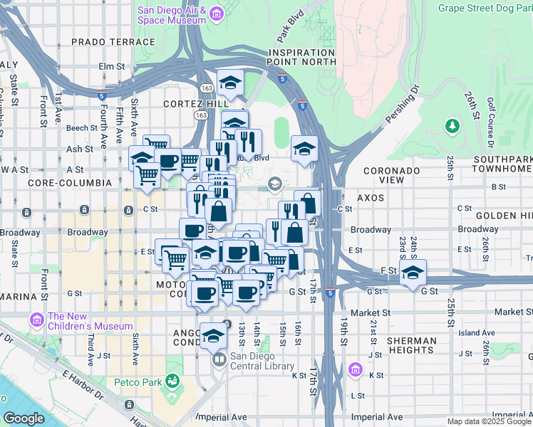 map of restaurants, bars, coffee shops, grocery stores, and more near 1059 14th Street in San Diego