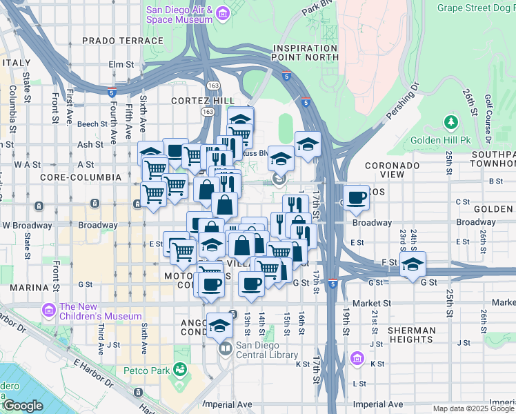 map of restaurants, bars, coffee shops, grocery stores, and more near 1059 14th Street in San Diego