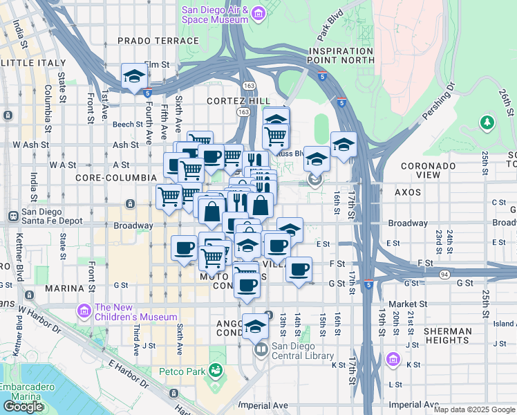 map of restaurants, bars, coffee shops, grocery stores, and more near in San Diego