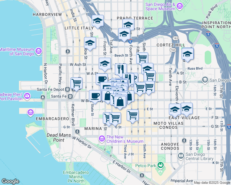 map of restaurants, bars, coffee shops, grocery stores, and more near in San Diego