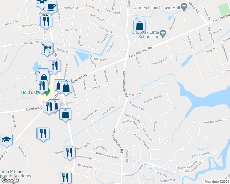 map of restaurants, bars, coffee shops, grocery stores, and more near 1352 Bresee Street in Charleston