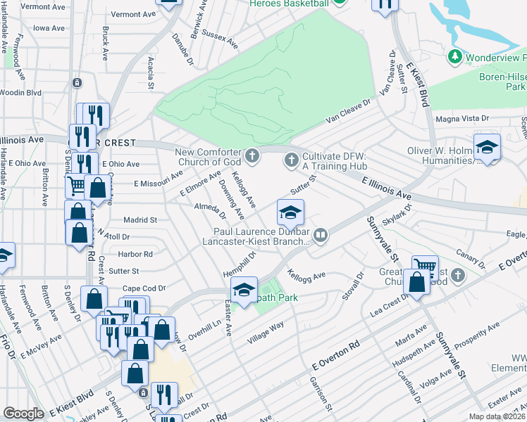 map of restaurants, bars, coffee shops, grocery stores, and more near 1806 Sutter Street in Dallas