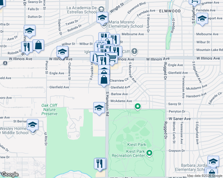 map of restaurants, bars, coffee shops, grocery stores, and more near 2322 Glenfield Avenue in Dallas