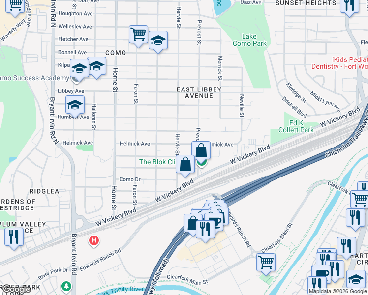 map of restaurants, bars, coffee shops, grocery stores, and more near 5337 Helmick Avenue in Fort Worth
