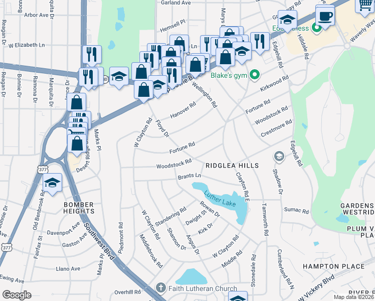 map of restaurants, bars, coffee shops, grocery stores, and more near 6801 Fortune Road in Fort Worth