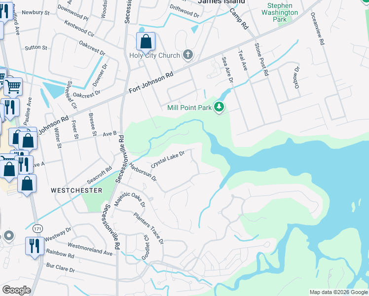 map of restaurants, bars, coffee shops, grocery stores, and more near 1767 Crystal Lake Drive in Charleston