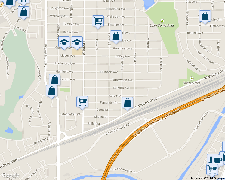map of restaurants, bars, coffee shops, grocery stores, and more near 5429 Helmick Avenue in Fort Worth