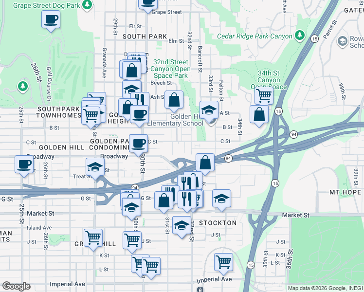 map of restaurants, bars, coffee shops, grocery stores, and more near 1035 Edgemont Place in San Diego