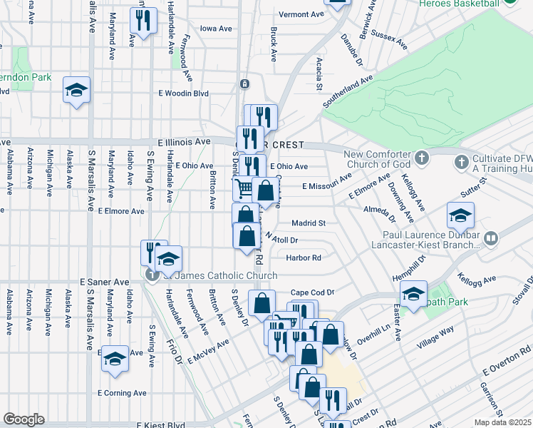 map of restaurants, bars, coffee shops, grocery stores, and more near 2606 South Lancaster Road in Dallas