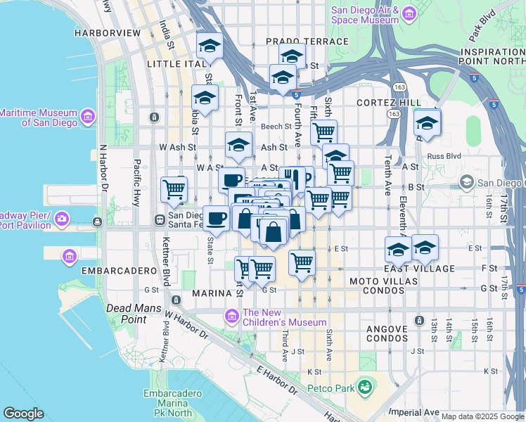 map of restaurants, bars, coffee shops, grocery stores, and more near 1010 2nd Avenue in San Diego