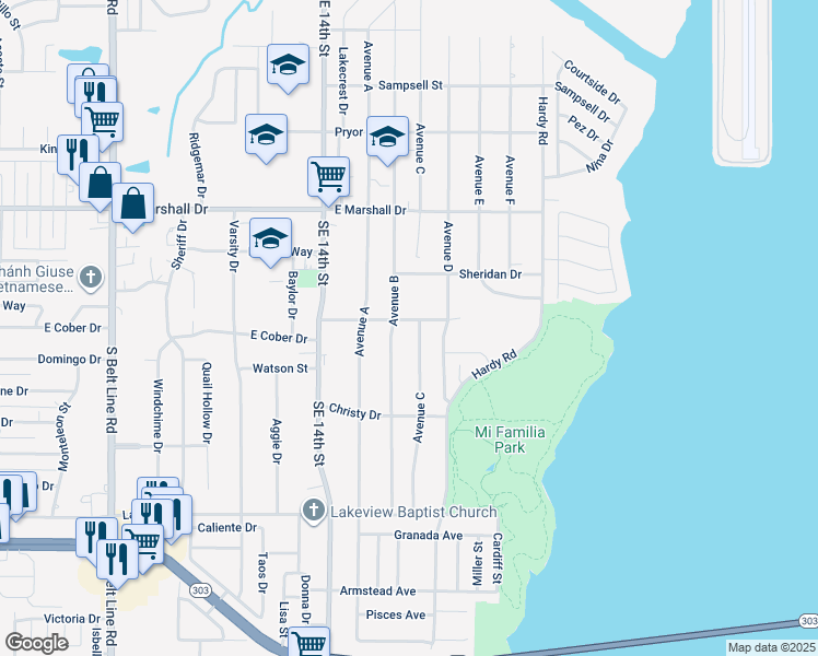 map of restaurants, bars, coffee shops, grocery stores, and more near 1609 Bogarte Drive in Grand Prairie