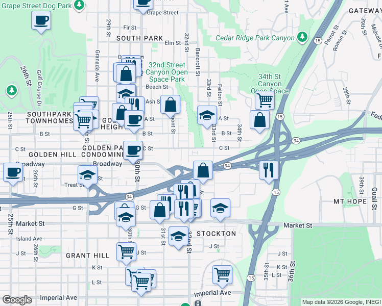 map of restaurants, bars, coffee shops, grocery stores, and more near 1045 32nd Street in San Diego
