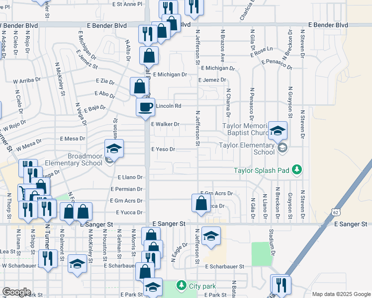 map of restaurants, bars, coffee shops, grocery stores, and more near East Yeso Drive in Hobbs