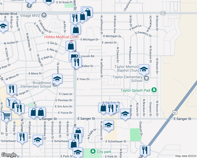 map of restaurants, bars, coffee shops, grocery stores, and more near 1098 East Yeso Drive in Hobbs
