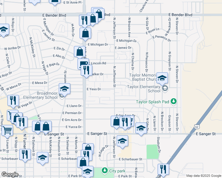 map of restaurants, bars, coffee shops, grocery stores, and more near East Yeso Drive in Hobbs