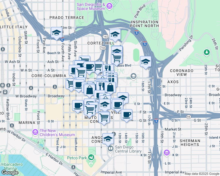 map of restaurants, bars, coffee shops, grocery stores, and more near 1075 11th Avenue in San Diego