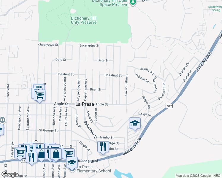 map of restaurants, bars, coffee shops, grocery stores, and more near 1206 San Bernardino Avenue in Spring Valley