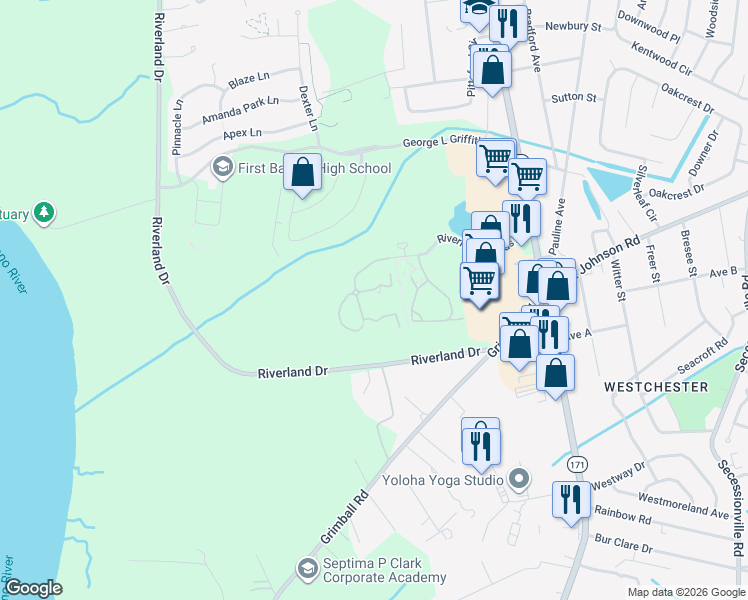map of restaurants, bars, coffee shops, grocery stores, and more near 1025 Riverland Woods Place in Charleston