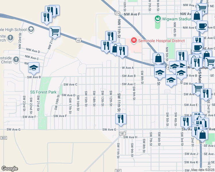 map of restaurants, bars, coffee shops, grocery stores, and more near 300 Southwest 12th Street in Seminole