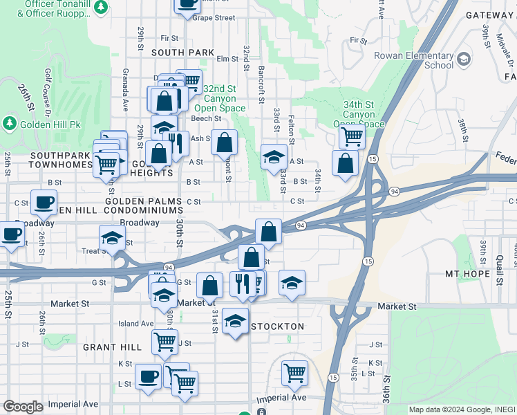 map of restaurants, bars, coffee shops, grocery stores, and more near 1055 32nd Street in San Diego