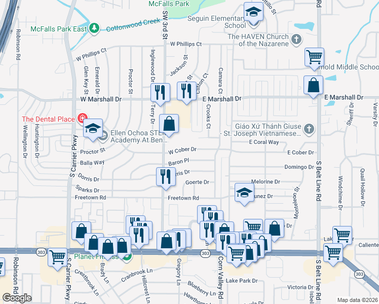 map of restaurants, bars, coffee shops, grocery stores, and more near 205 West Cober Drive in Grand Prairie