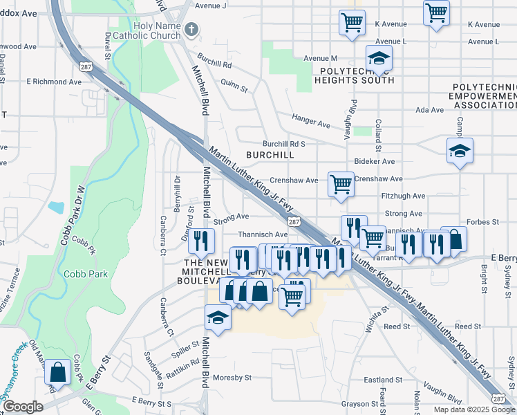map of restaurants, bars, coffee shops, grocery stores, and more near 2712 Fitzhugh Avenue in Fort Worth