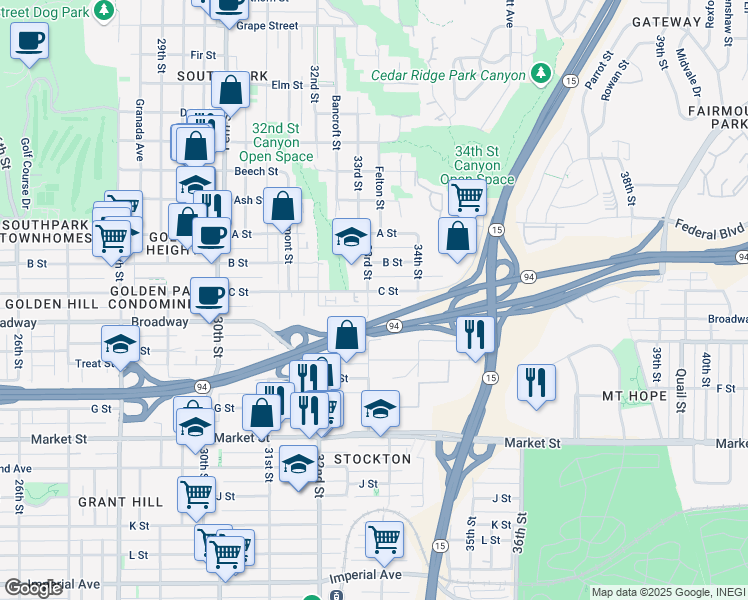 map of restaurants, bars, coffee shops, grocery stores, and more near 1025 33rd Street in San Diego